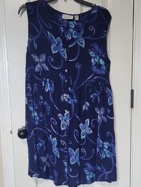 Lord & Taylor Navy Blue Floral Sleeveless Button-Front Mini Dress PtP 22.5